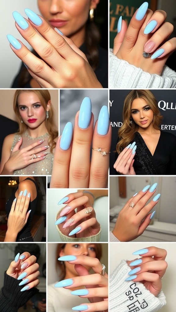 A collage of celebrity-inspired light blue almond-shaped nails, showcasing different designs and styles.