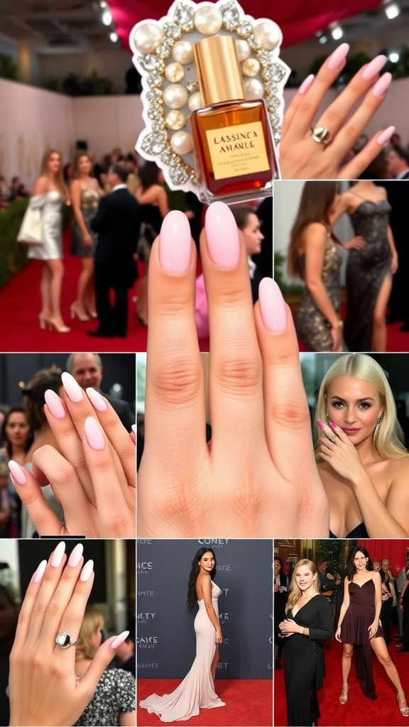 A collage of celebrities showing off their almond nails in various colors and styles, with a focus on light pink polish.