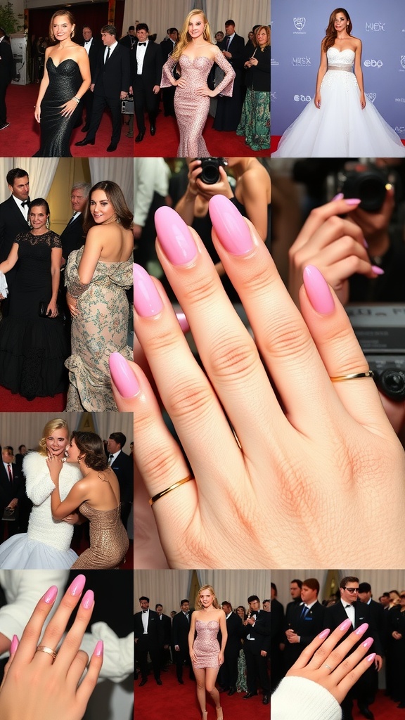 Various celebrities with light pink chrome almond nails at a red carpet event