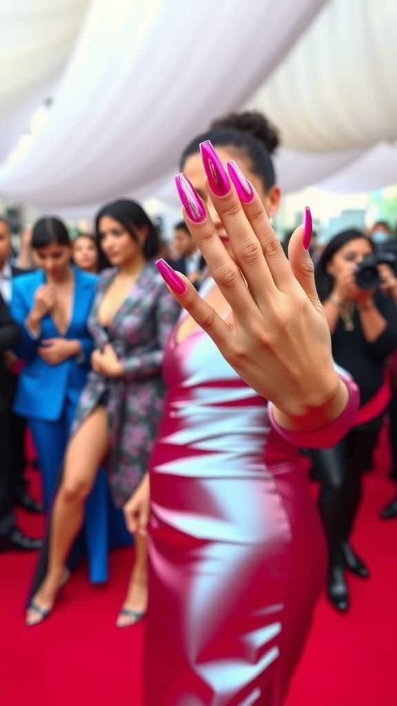 Celebrity showcasing pink chrome nails at a red carpet event