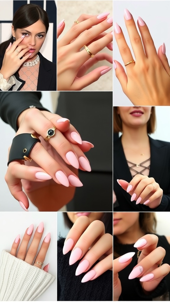 Collage of celebrity short almond nails in various styles and colors