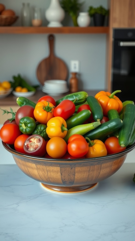 A ceramic bowl filled with colorful fresh vegetables on a kitchen island