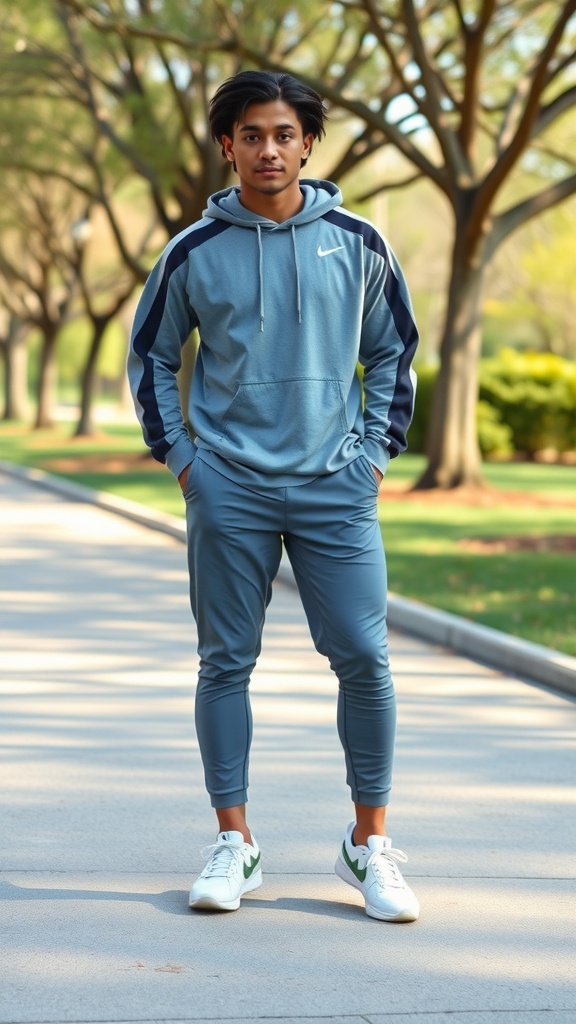Chad Danforth in a sporty outfit featuring a light blue hoodie and joggers.