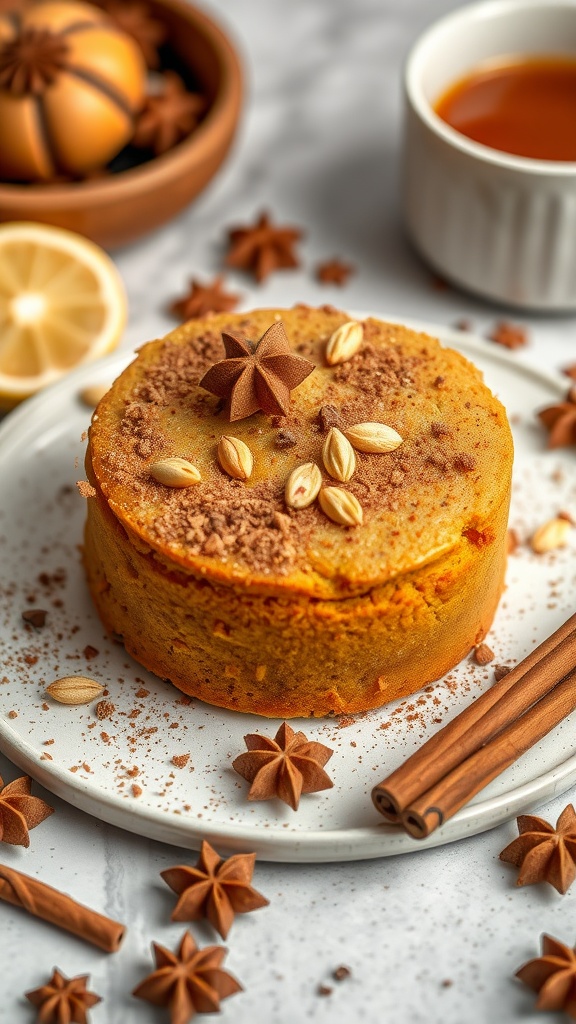 Chai-Spiced Coffee Cake with spices and nuts on a plate.