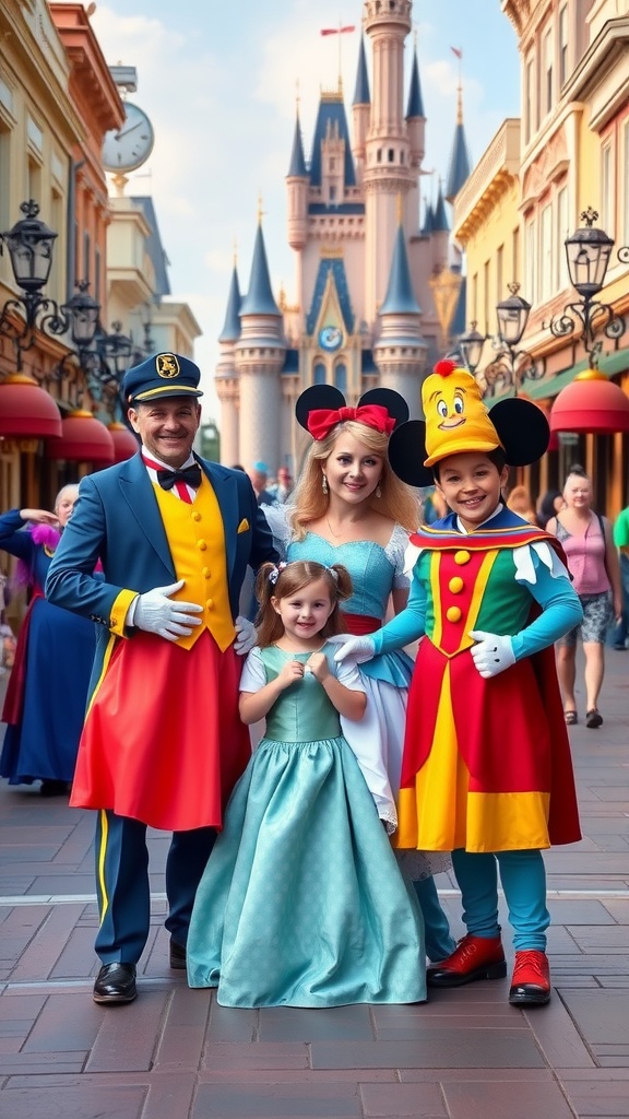 Family in Disney character-inspired costumes at a theme park