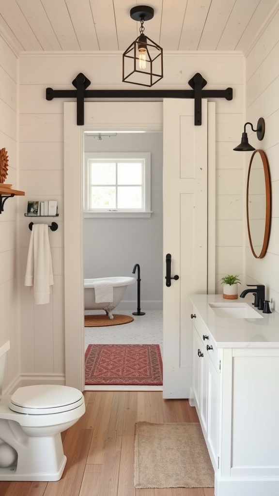 A modern farmhouse bathroom featuring a sliding barn door with black hardware, wooden flooring, and a cozy layout.