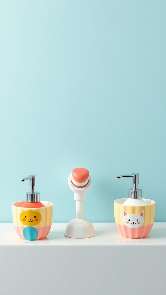 Colorful kids bathroom accessories including a duck and cat soap dispenser on a blue background.