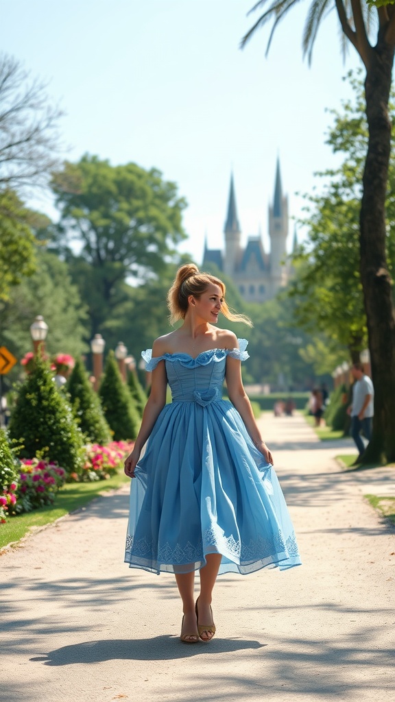 A woman in a blue off-shoulder dress resembling Cinderella's attire, walking in a sunny park with a castle in the background.