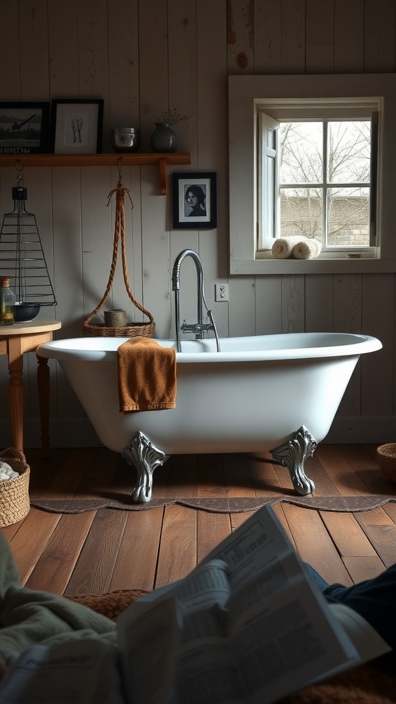 A vintage clawfoot bathtub with a towel draped over it, surrounded by rustic decor and natural light.