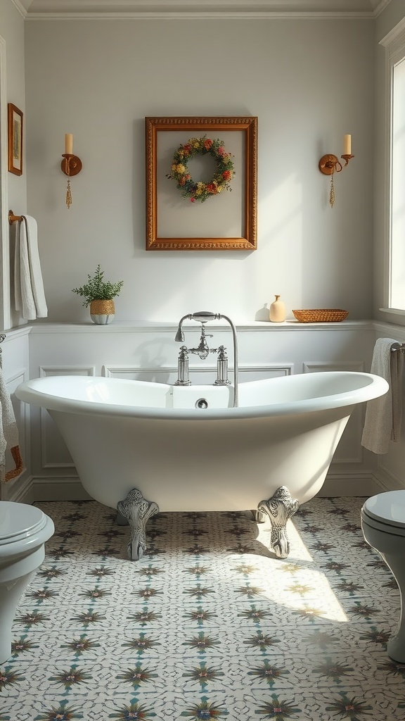 A charming vintage bathroom with a white clawfoot bathtub, patterned floor, and warm decor.