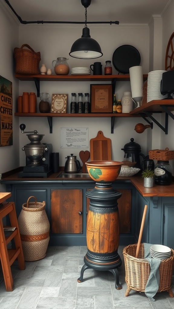 A charming coffee station featuring wooden shelves, a classic coffee maker, and vintage decor.