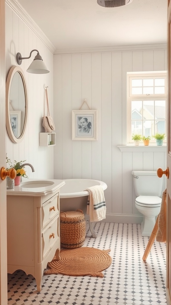 Cozy vintage farmhouse bathroom with soft color palette and natural elements