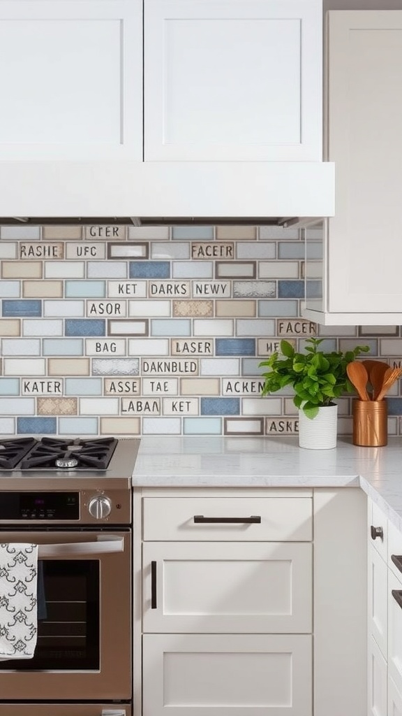 A modern farmhouse kitchen with a unique tiled backsplash featuring various colors and lettered tiles.