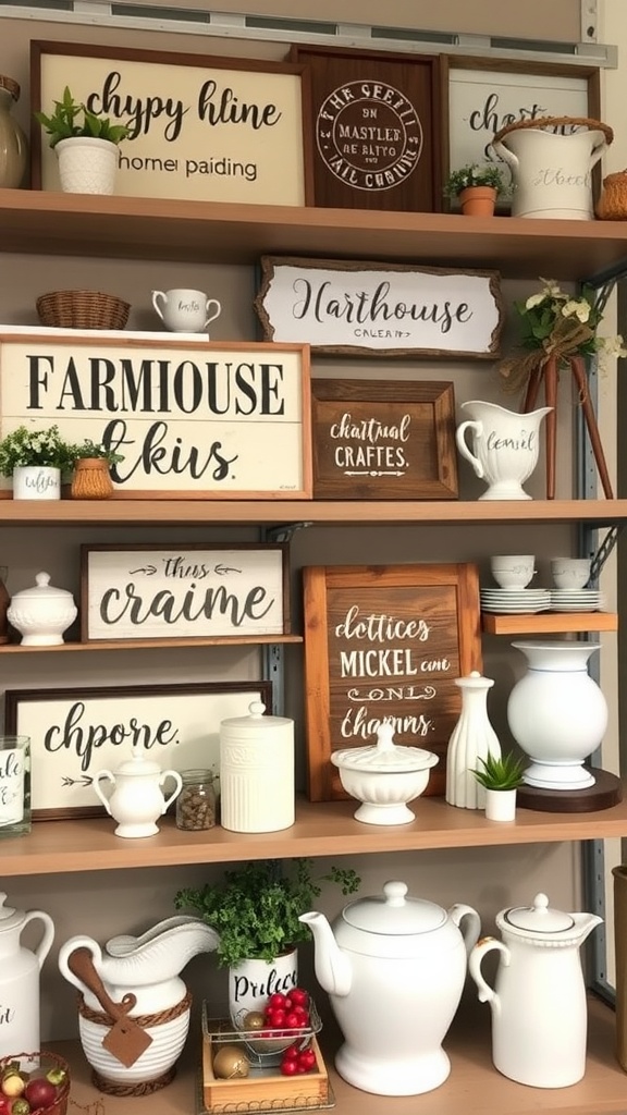 Charming farmhouse kitchen decor featuring wooden signs and ceramic pieces on shelves.