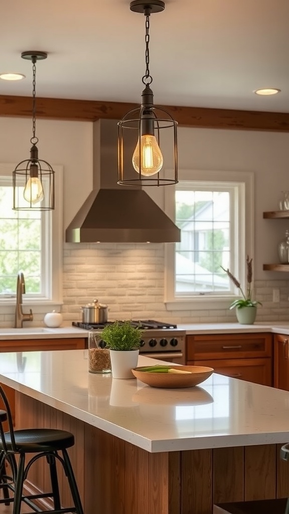 Charming farmhouse kitchen with cage-style pendant lighting fixtures.