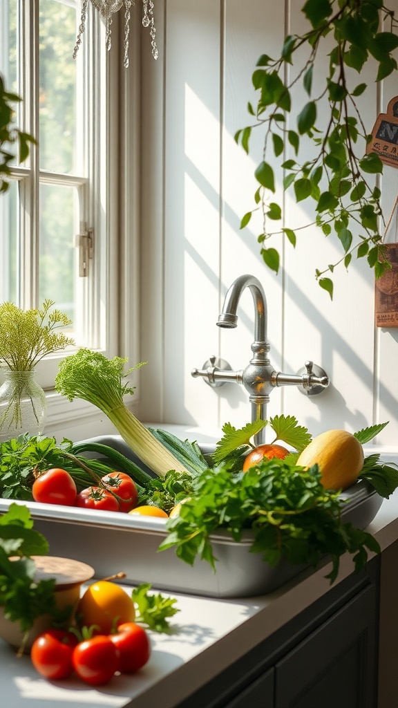 Charming farmhouse sink with fresh vegetables in a vintage kitchen