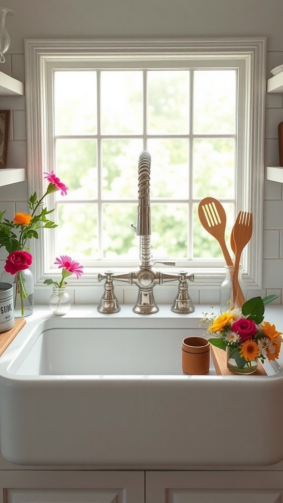 A vintage farmhouse sink with a shiny faucet, surrounded by flowers and wooden utensils, creating a cozy kitchen atmosphere.