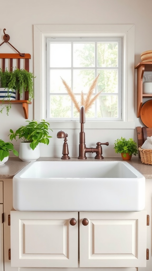 A charming farmhouse sink with antique fixtures, surrounded by herbs and bright natural light.