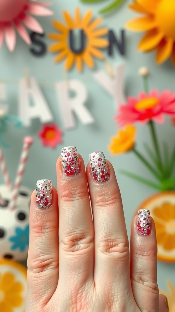 Close-up of a hand with glittery summer nail designs, featuring pink and silver glitter with colorful flowers in the background.