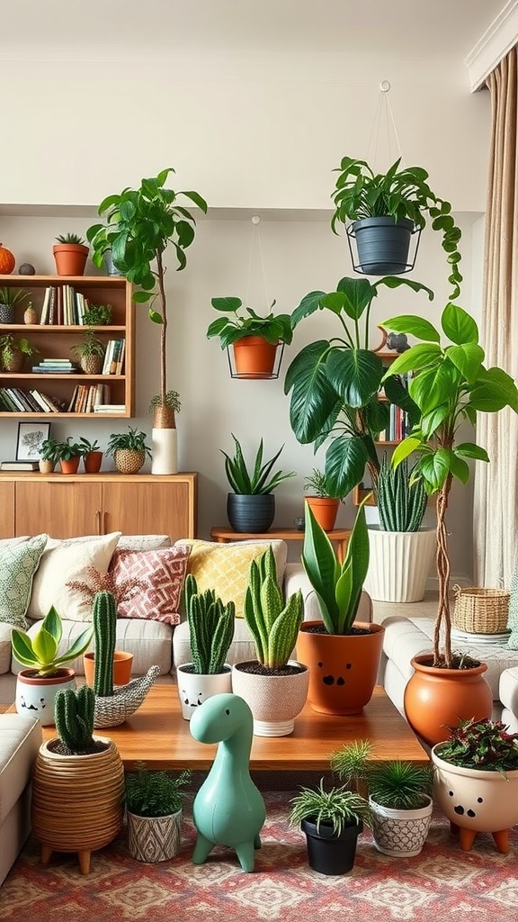 A cozy living room filled with a variety of indoor plants, including tall trees, succulents, and a playful dinosaur planter.