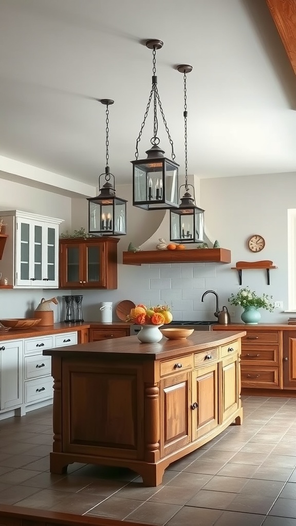 A cozy Italian farmhouse kitchen featuring charming lantern light fixtures hanging above a wooden island.