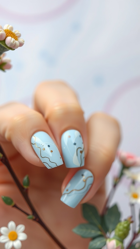 A close-up view of hands with light blue marble nail art, featuring delicate designs and golden accents, surrounded by small flowers and leaves.