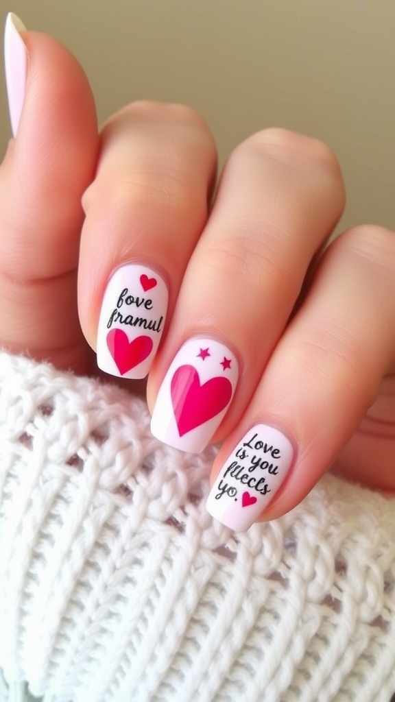 Nails decorated with hearts and love quotes for Valentine's Day