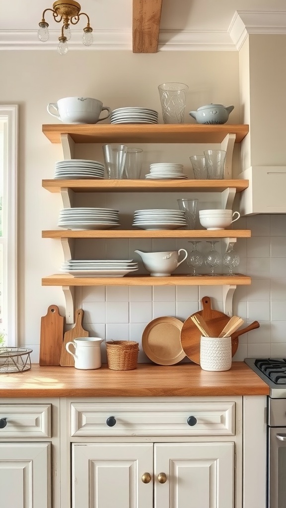 Open shelving in a French farmhouse kitchen displaying dishware and kitchen items.