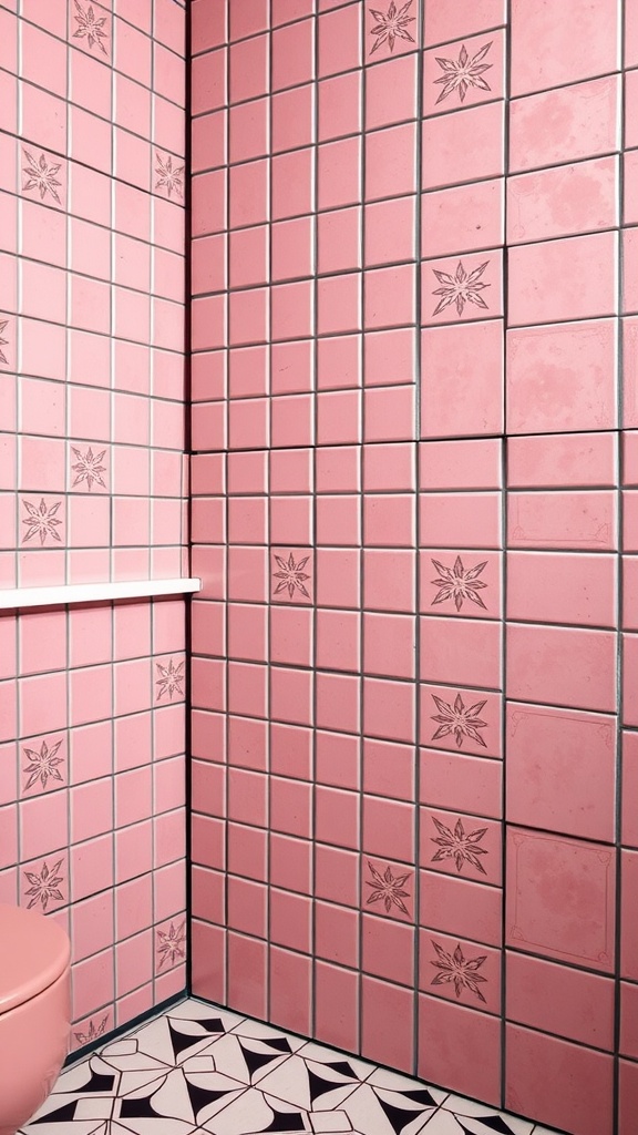 A pink retro bathroom with charming tile patterns on the walls and floor.