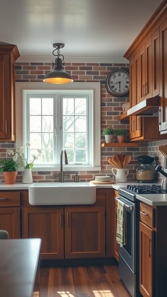 Cozy farmhouse kitchen featuring a brick backsplash, wooden cabinets, and a bright window.