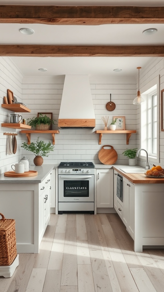 A cozy white farmhouse kitchen featuring charming shiplap walls, rustic wood shelves, and modern appliances.