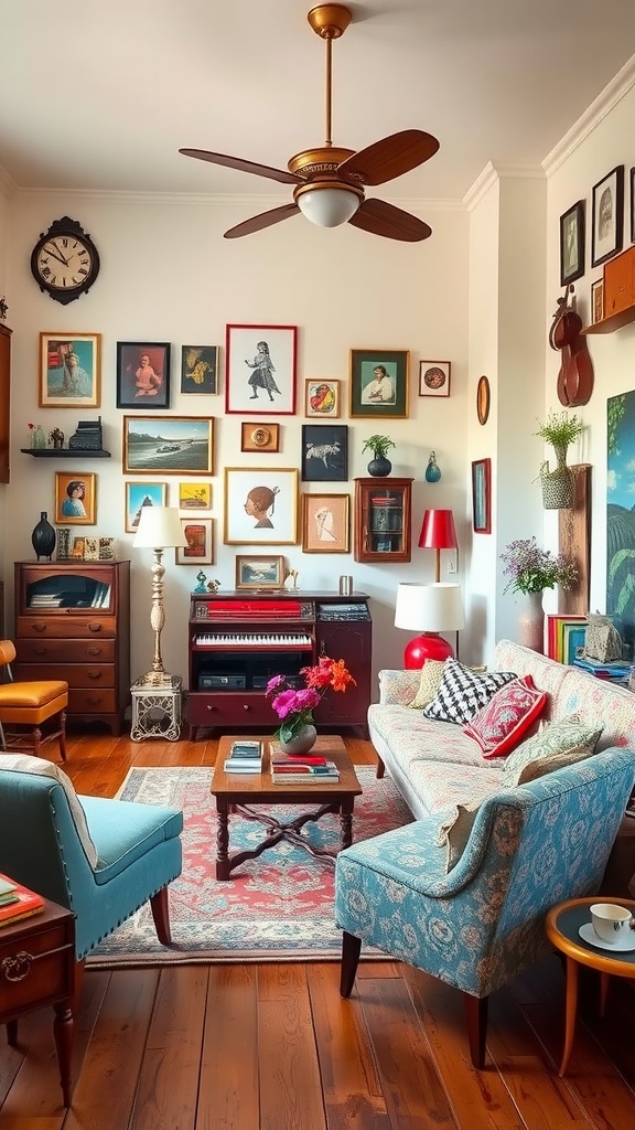 A charming vintage living room with eclectic decor and framed artwork on the walls.