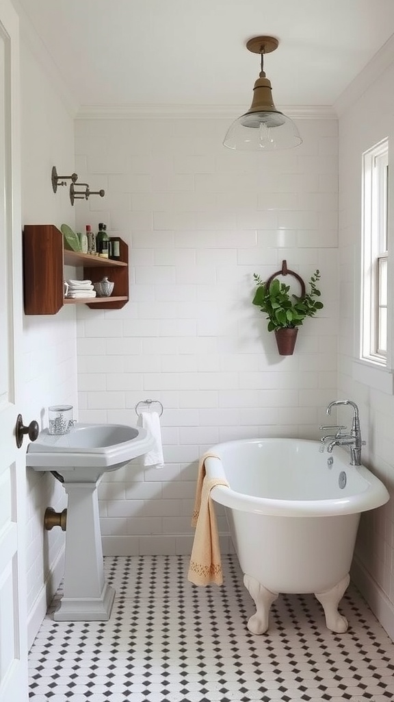 A charming vintage farmhouse bathroom featuring a freestanding tub, vintage sink, and stylish pendant light.
