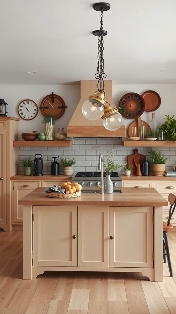 A kitchen island with vintage-style pendant lights, showcasing a rustic design with wooden accents and decorative elements.