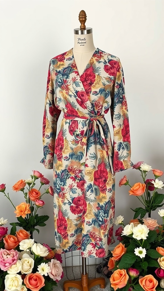 A floral wrap dress displayed on a mannequin surrounded by colorful roses