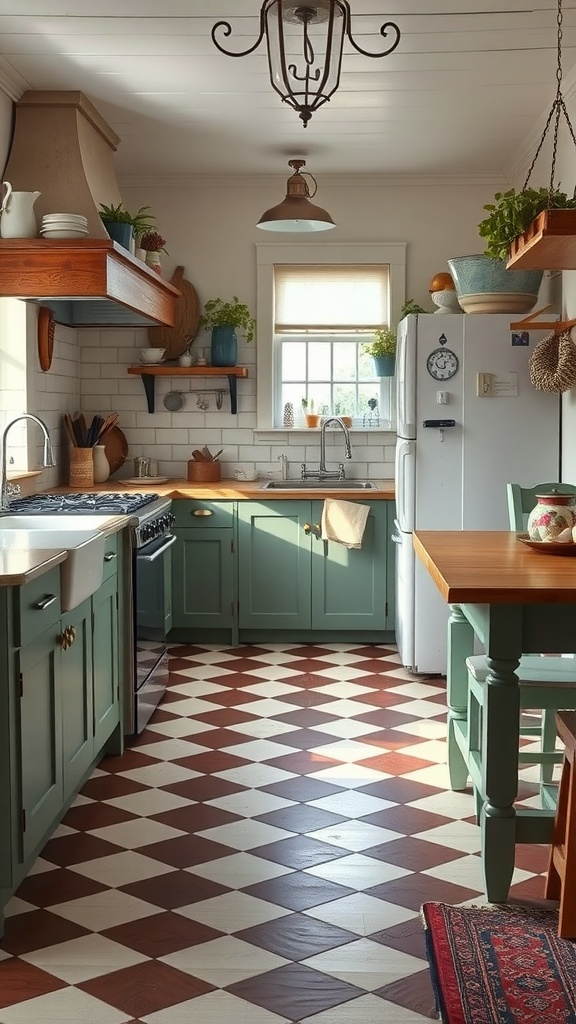 A vintage farmhouse kitchen featuring a checkerboard floor design in red and cream colors, with green cabinetry and wooden accents.