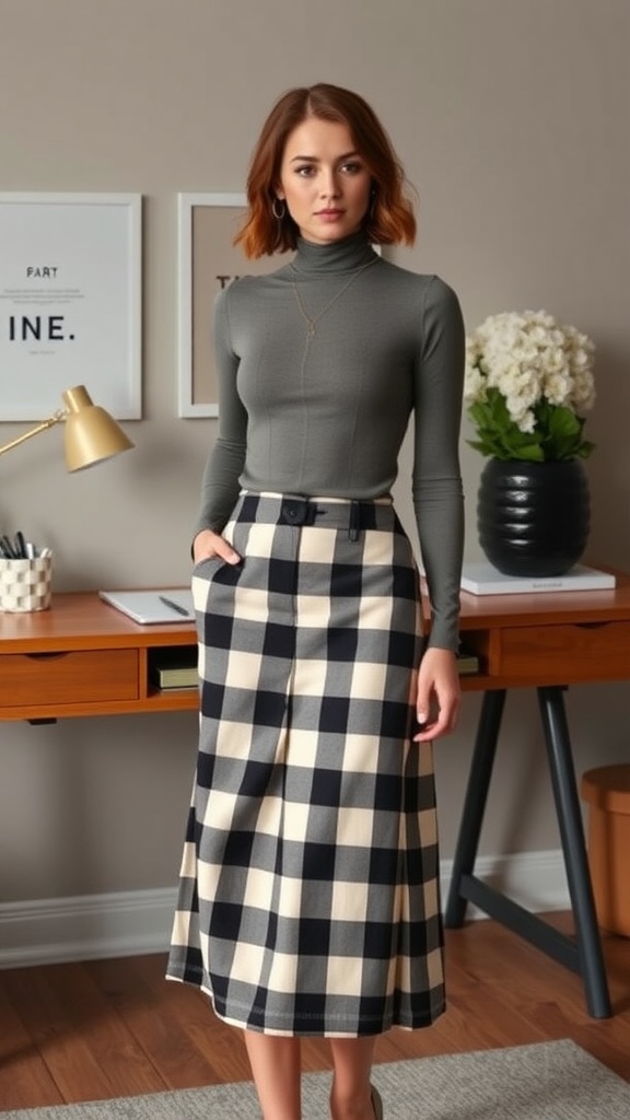 A woman wearing a checkered skirt and a turtleneck top, standing in an office setting