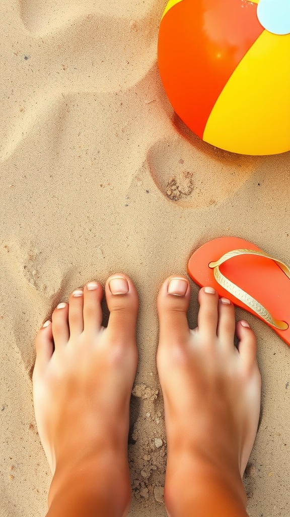 Pair of feet with orange nails on sand next to an orange beach ball.