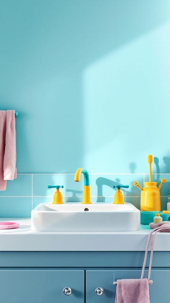 A colorful kids bathroom sink area with blue walls, yellow and teal fixtures, and a pink towel.