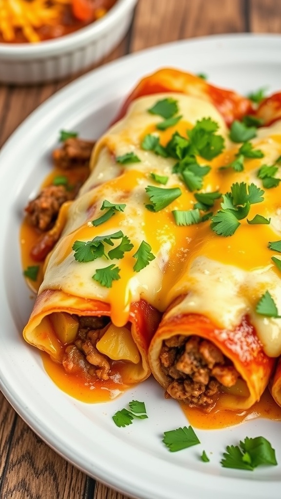 Plate of cheesy beef and potato enchiladas topped with cilantro