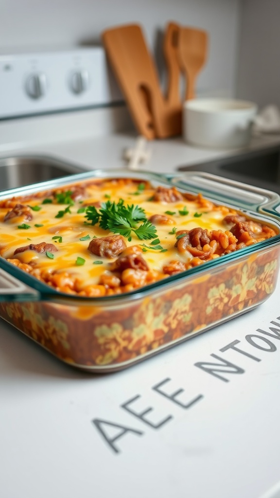 A hearty Cheesy Beef and Rice Casserole topped with melted cheese and garnished with parsley.