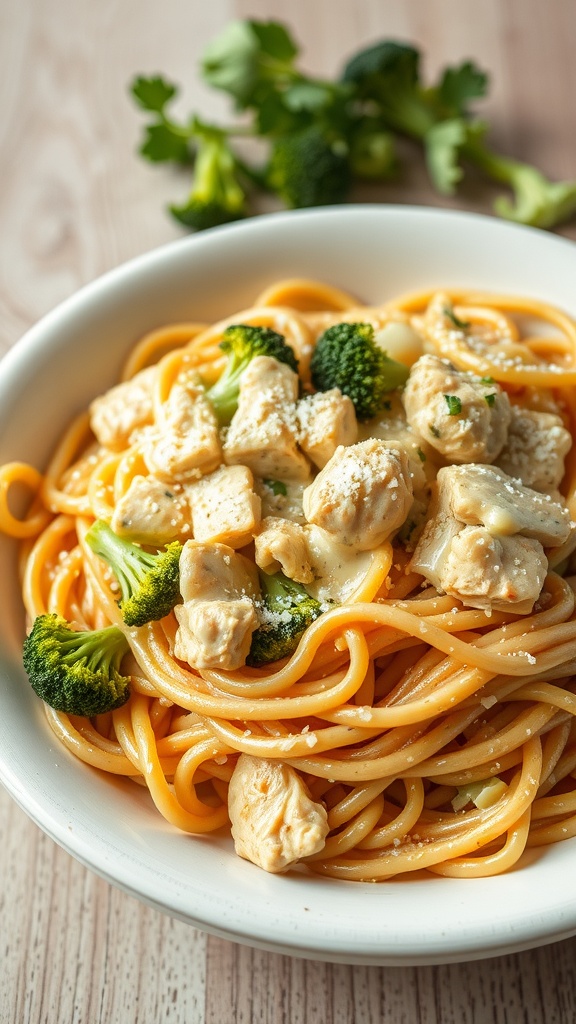 A plate of creamy spaghetti with chunks of chicken and broccoli.