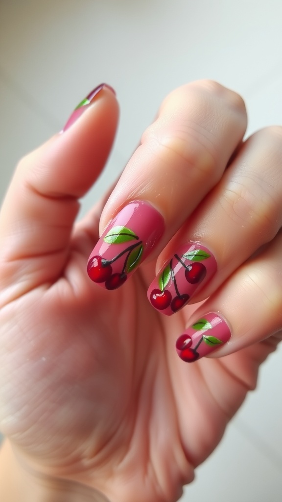Close-up of nails featuring cherry and leaf designs on a pink base
