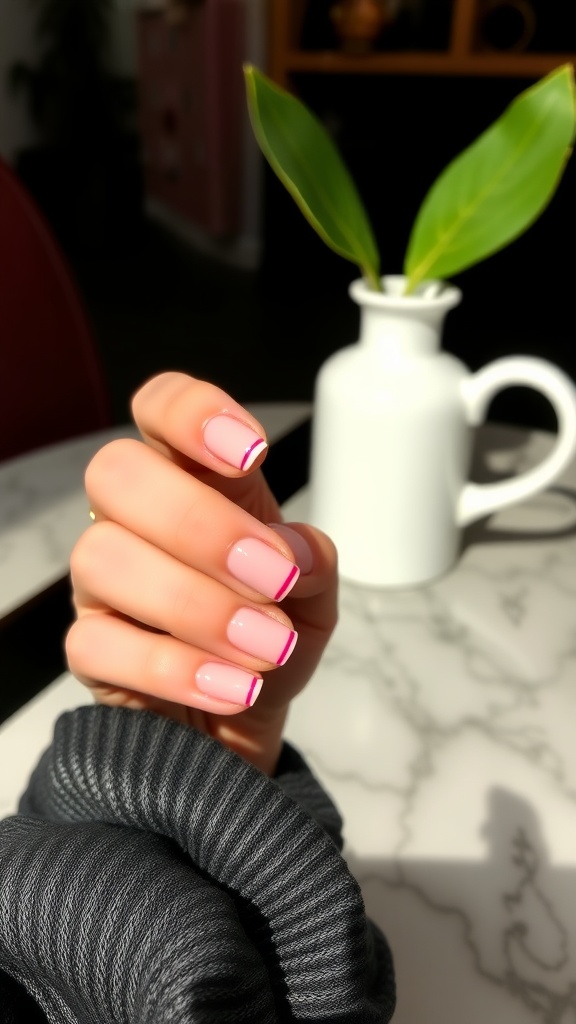 A hand showing cherry-striped French tips on nails, with a cozy gray sweater in the frame.