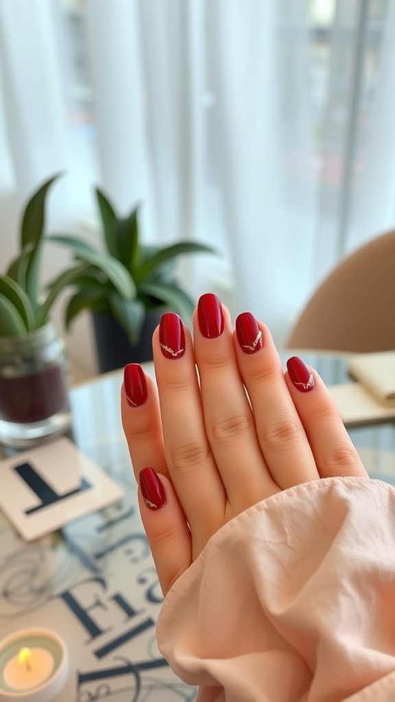 A hand showing cherry red nails with gold foil accents