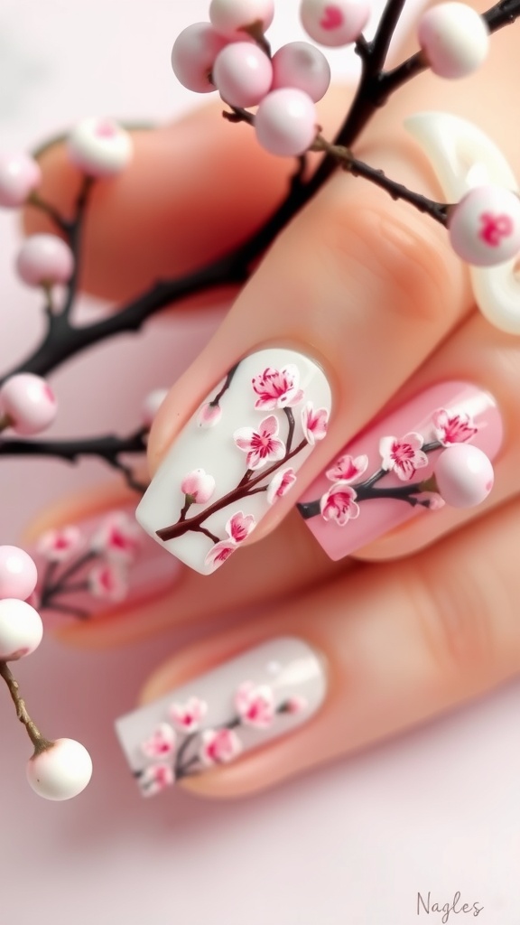 Nail art featuring cherry blossoms on a soft pink background.