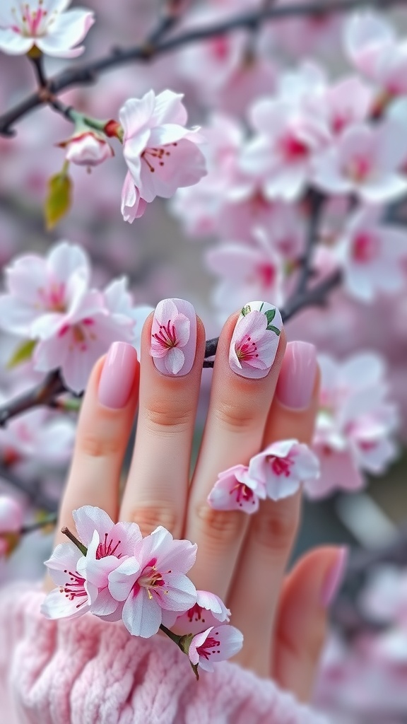Nails with cherry blossom designs surrounded by cherry blossom branches.