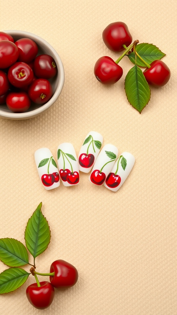 A set of cherry fruit accent nails on a light background with fresh cherries and leaves.