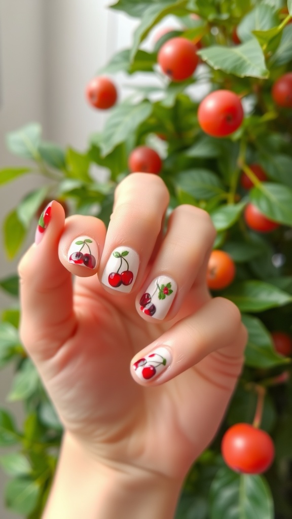 A hand displaying cherry-themed nail art against a backdrop of cherry plants.