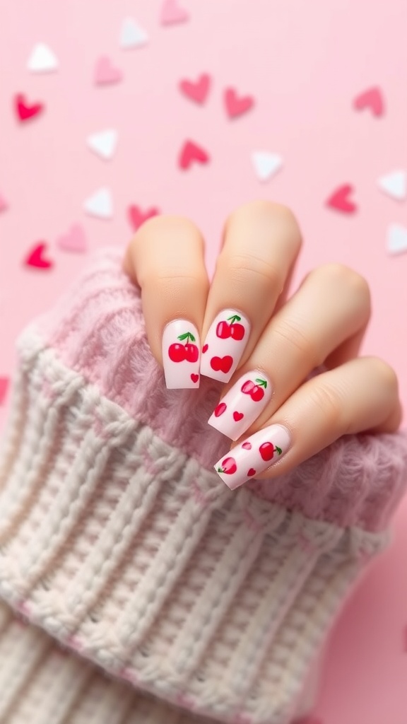 Cherry Heart Nail Design with red cherries and hearts on a pink background